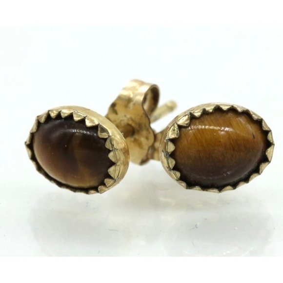 925 STERLING Southwest minimalist tigers eye gold filled EARRINGS vintage 9mm - Picture 2 of 8